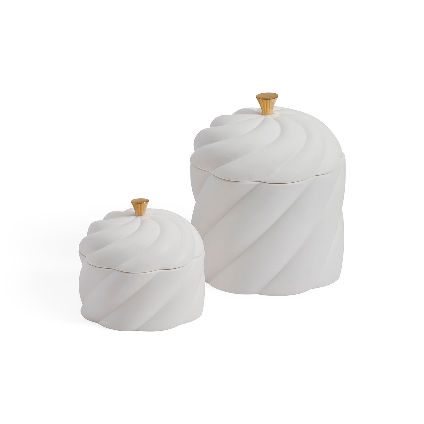 Two white ceramic canisters with a twisted spiral design and small gold-colored knob lids, shown on a plain white background.