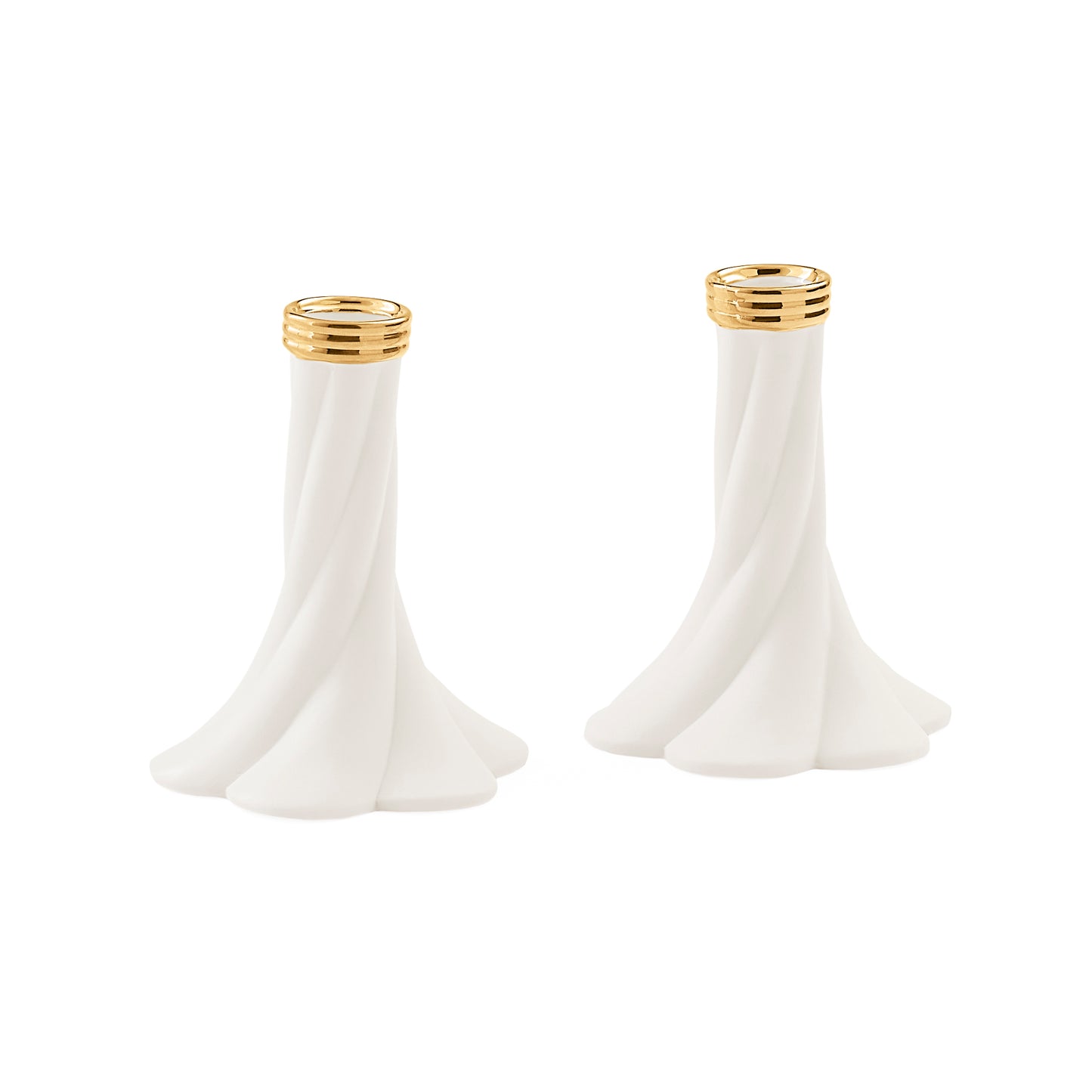A pair of white candle holders with a flared, draped base and a gold metallic band at the top, shown on a plain white background.