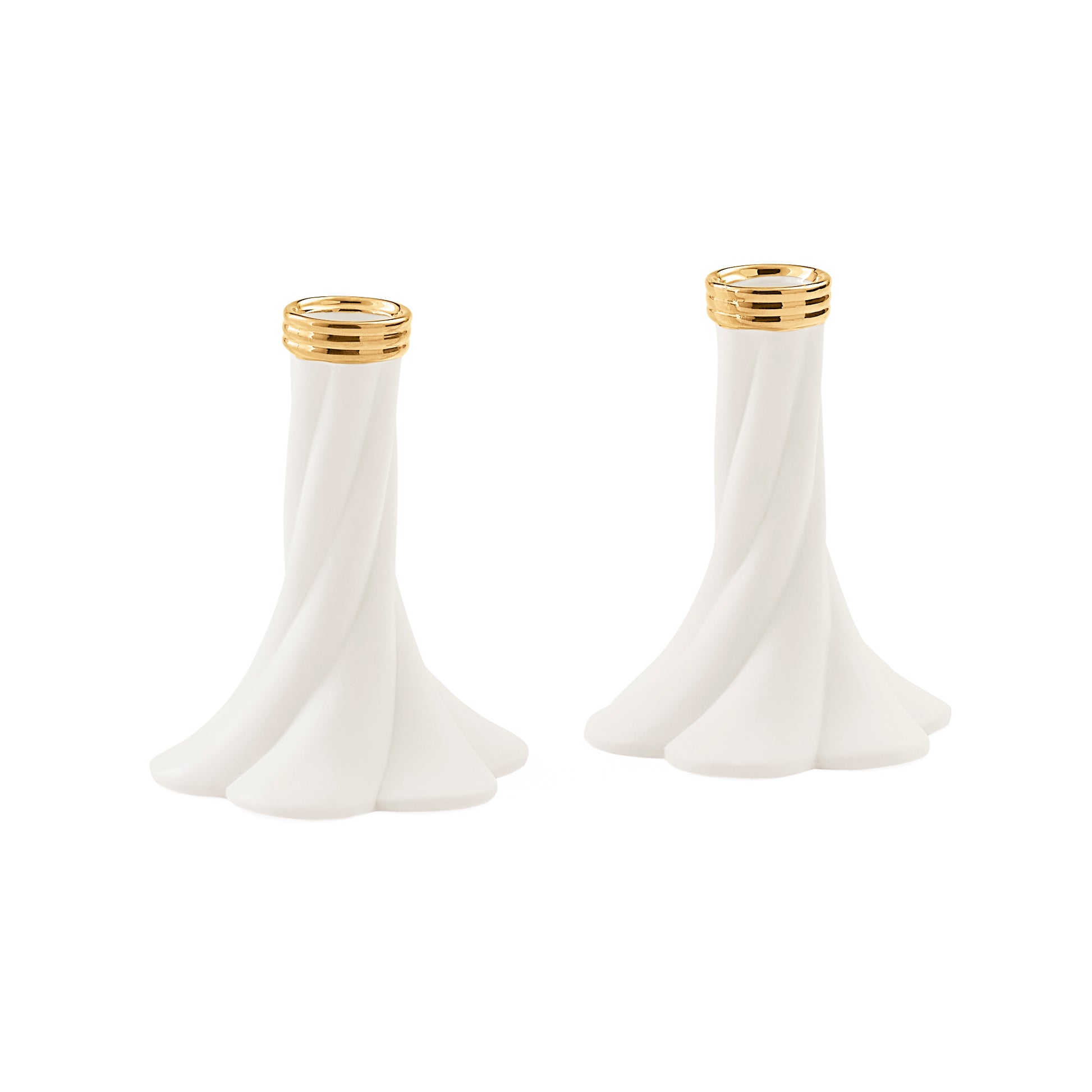 A pair of white candle holders with a flared, draped base and a gold metallic band at the top, shown on a plain white background.