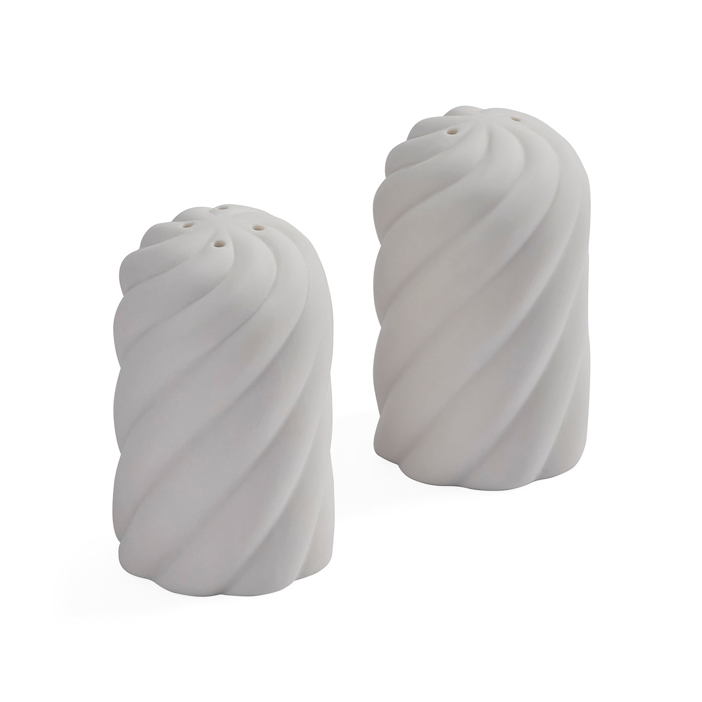 Two white twisted salt and pepper shakers with small holes at the top, shown on a clean white background.