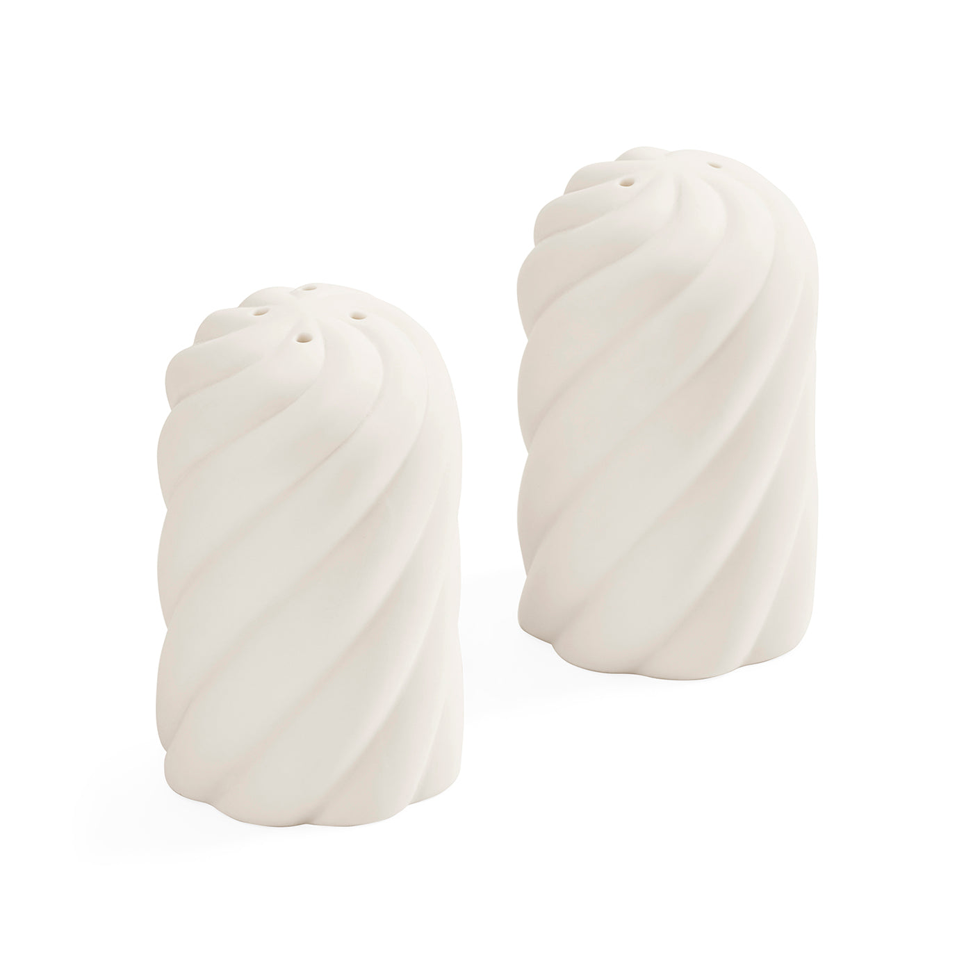 Two white ceramic salt and pepper shakers with a twisted spiral design, shown on a clean white background.