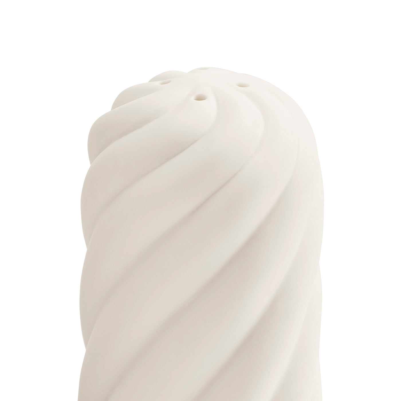 A close-up of a white spiral-textured object, likely a decorative sculpture or modern vase, on a solid white background.