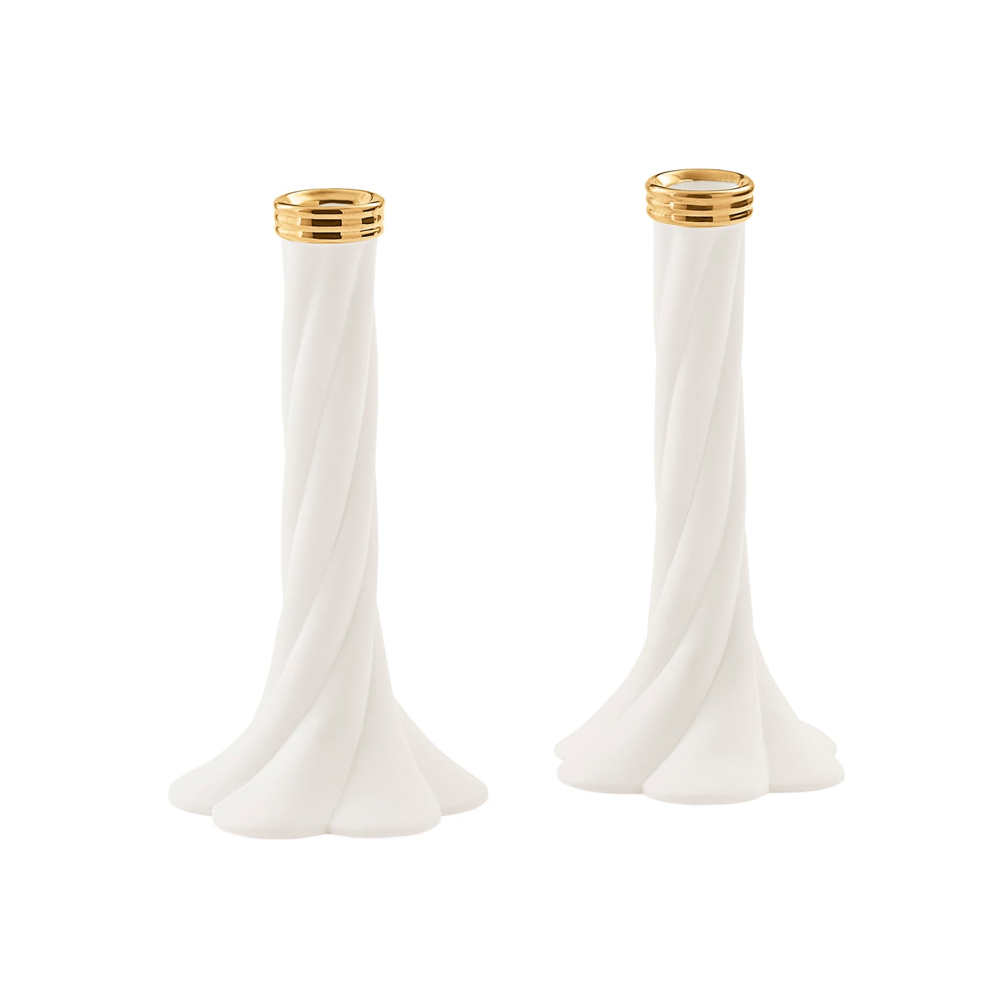 A pair of white twisted candlestick holders with polished gold metal rims at the top, displayed on a clean white background.