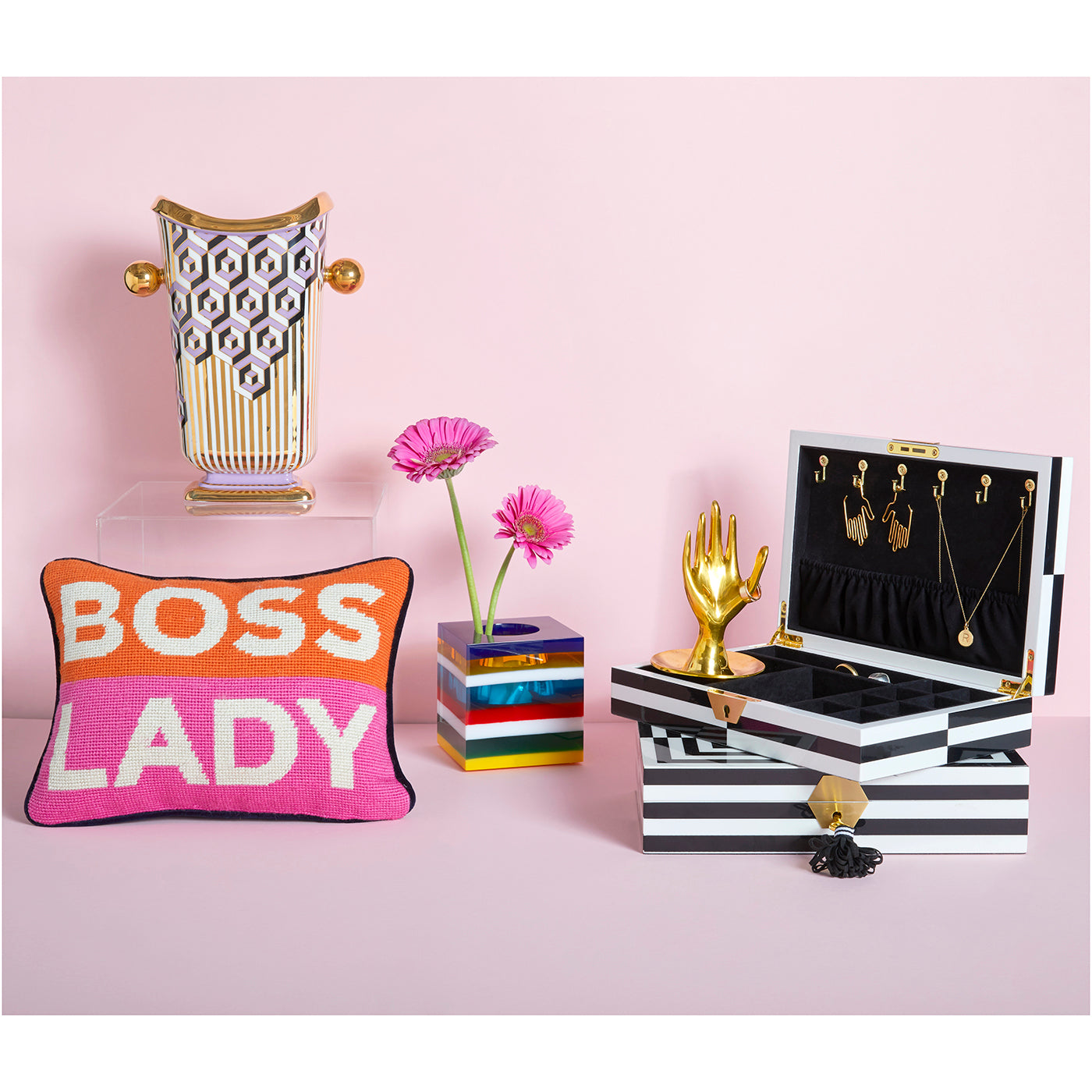 boss lady needlepoint pillow wool orange pink velvet navy back - back detail view