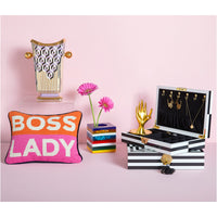 boss lady needlepoint pillow wool orange pink velvet navy back - back detail view