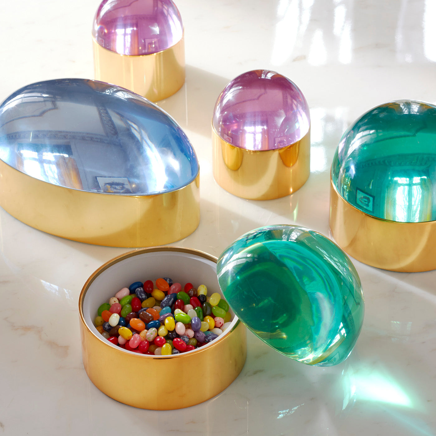 globo box small pink acrylic brass - front view