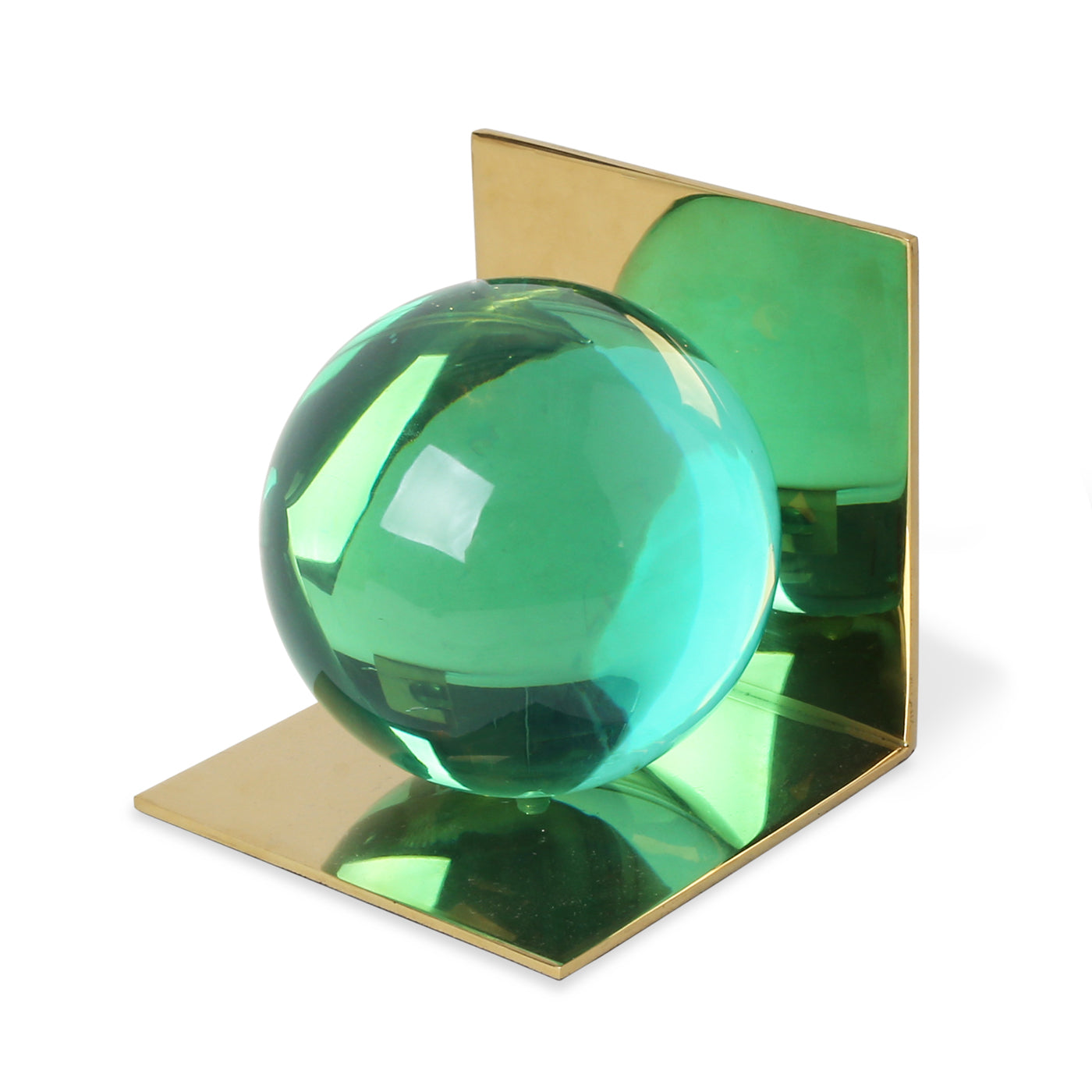 globo bookend acrylic green globes base brass - side view