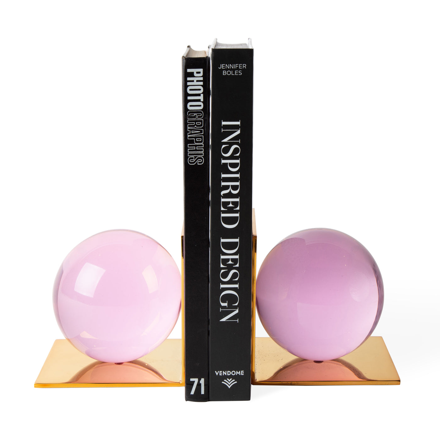 globo bookends acrylic pink frame brass - front view
