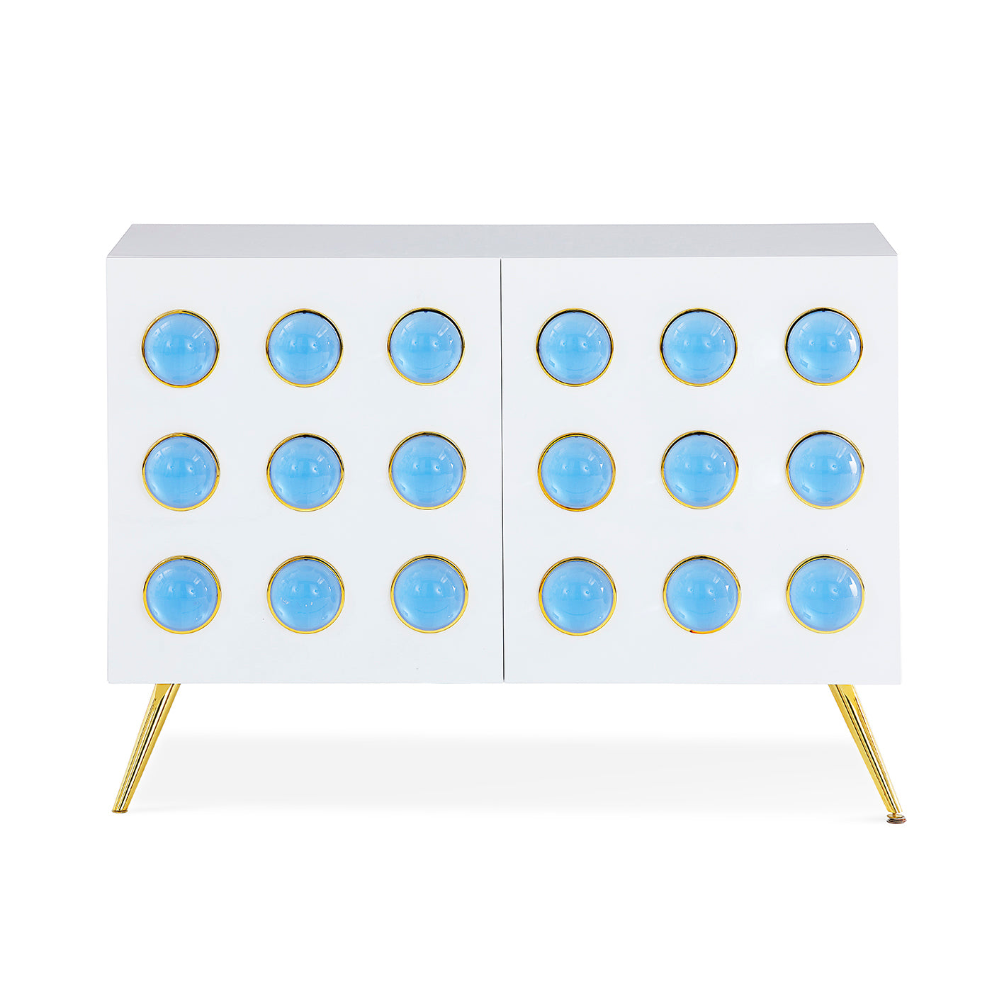 globo cabinet white lacquer blue acrylic globes brass legs - front view