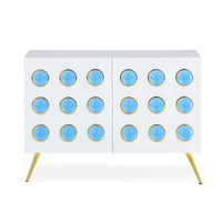 globo cabinet white lacquer blue acrylic globes brass legs - front view