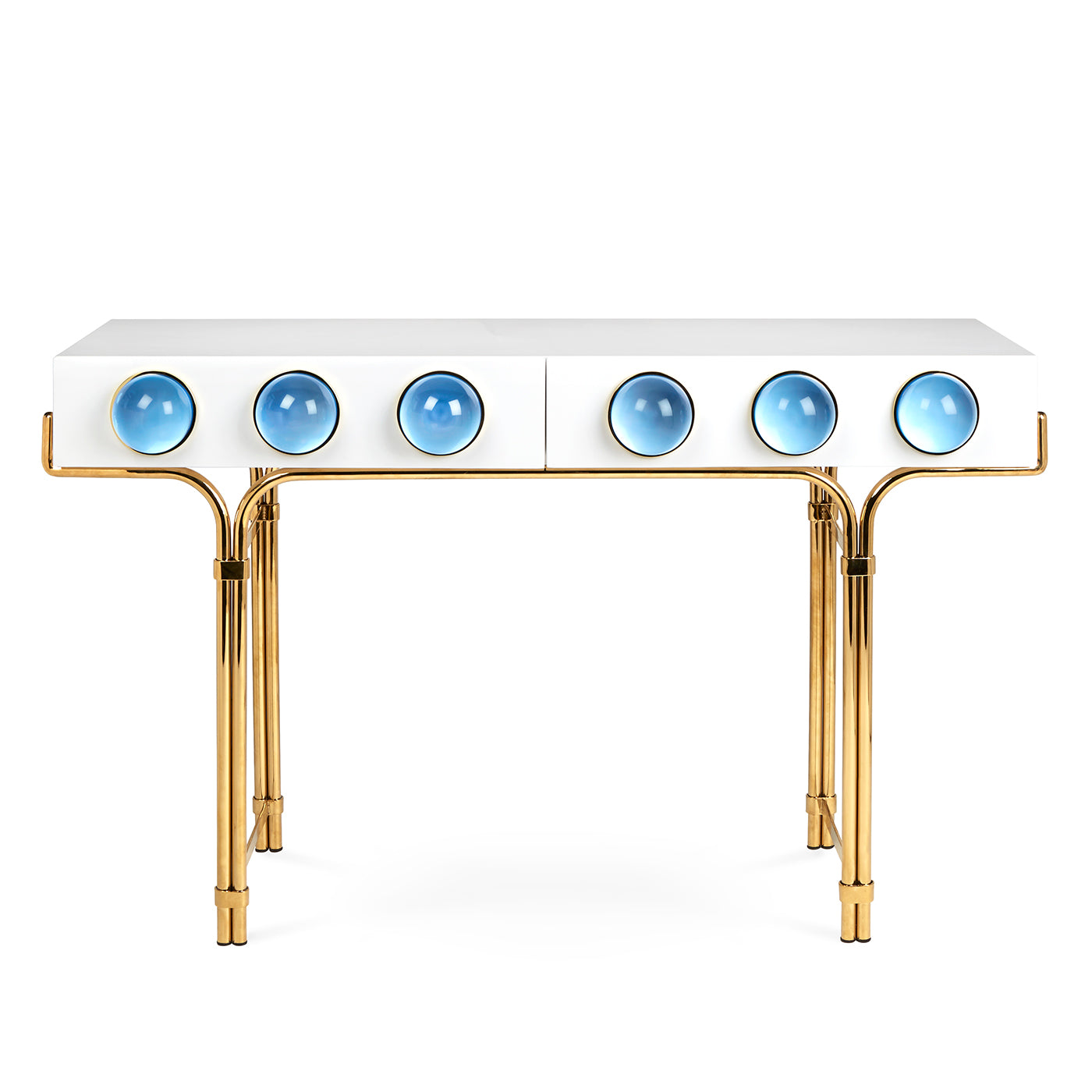 globo console white lacquer blue acrylic globes brass frame - front view
