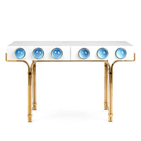 globo console white lacquer blue acrylic globes brass frame - front view