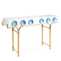 globo console white lacquer blue acrylic globes brass frame - angle view