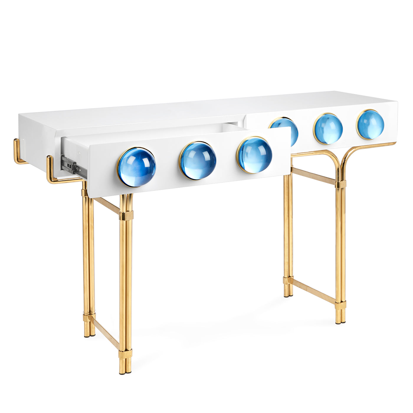 globo console white lacquer blue acrylic globes brass frame - angle opened drawer view