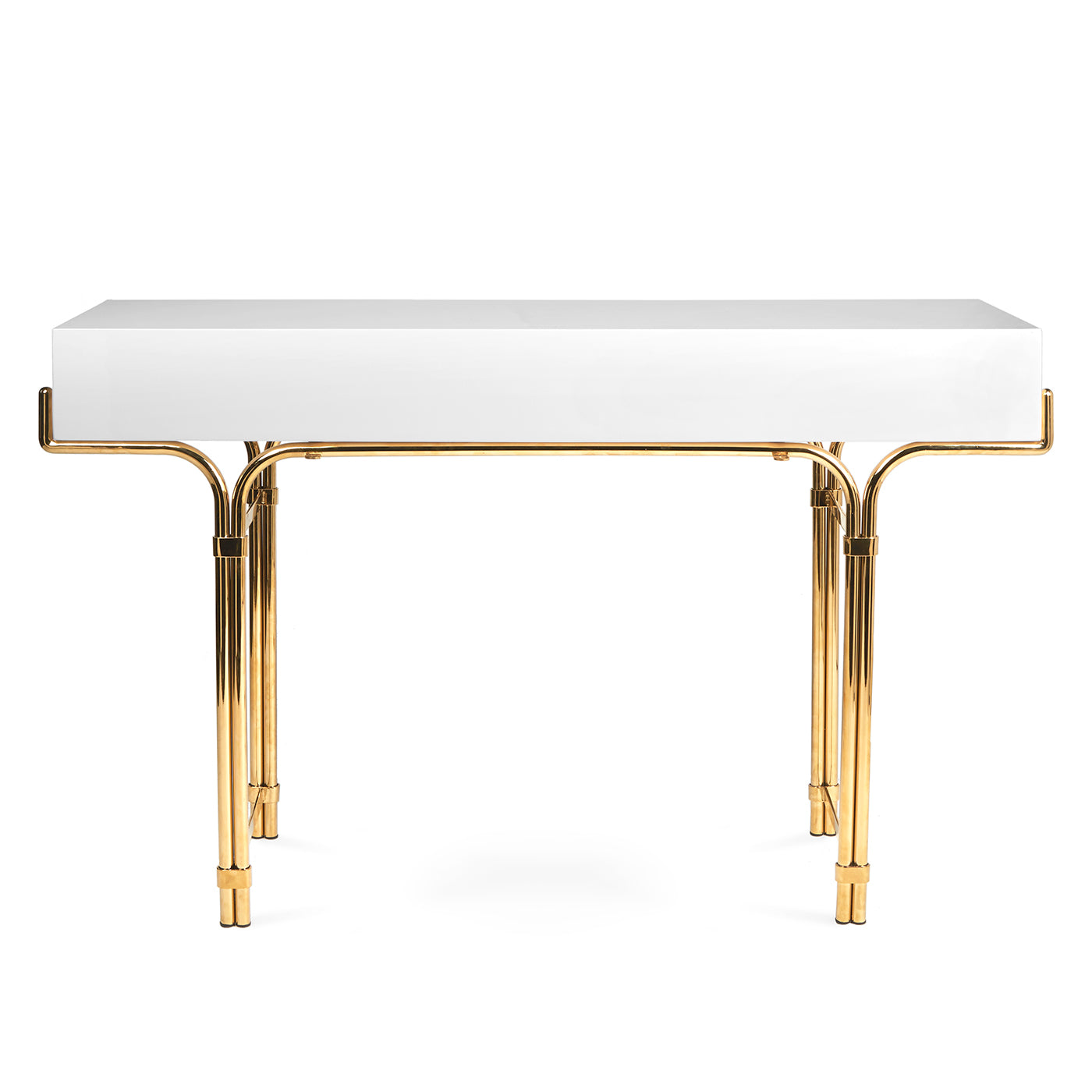 globo console white lacquer blue acrylic globes brass frame - back view