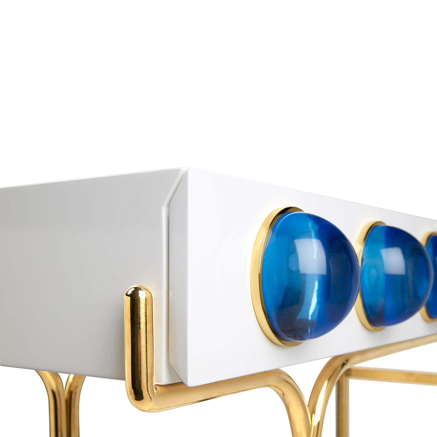 globo console white lacquer blue acrylic globes brass frame - detail view