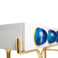 globo console white lacquer blue acrylic globes brass frame - detail view