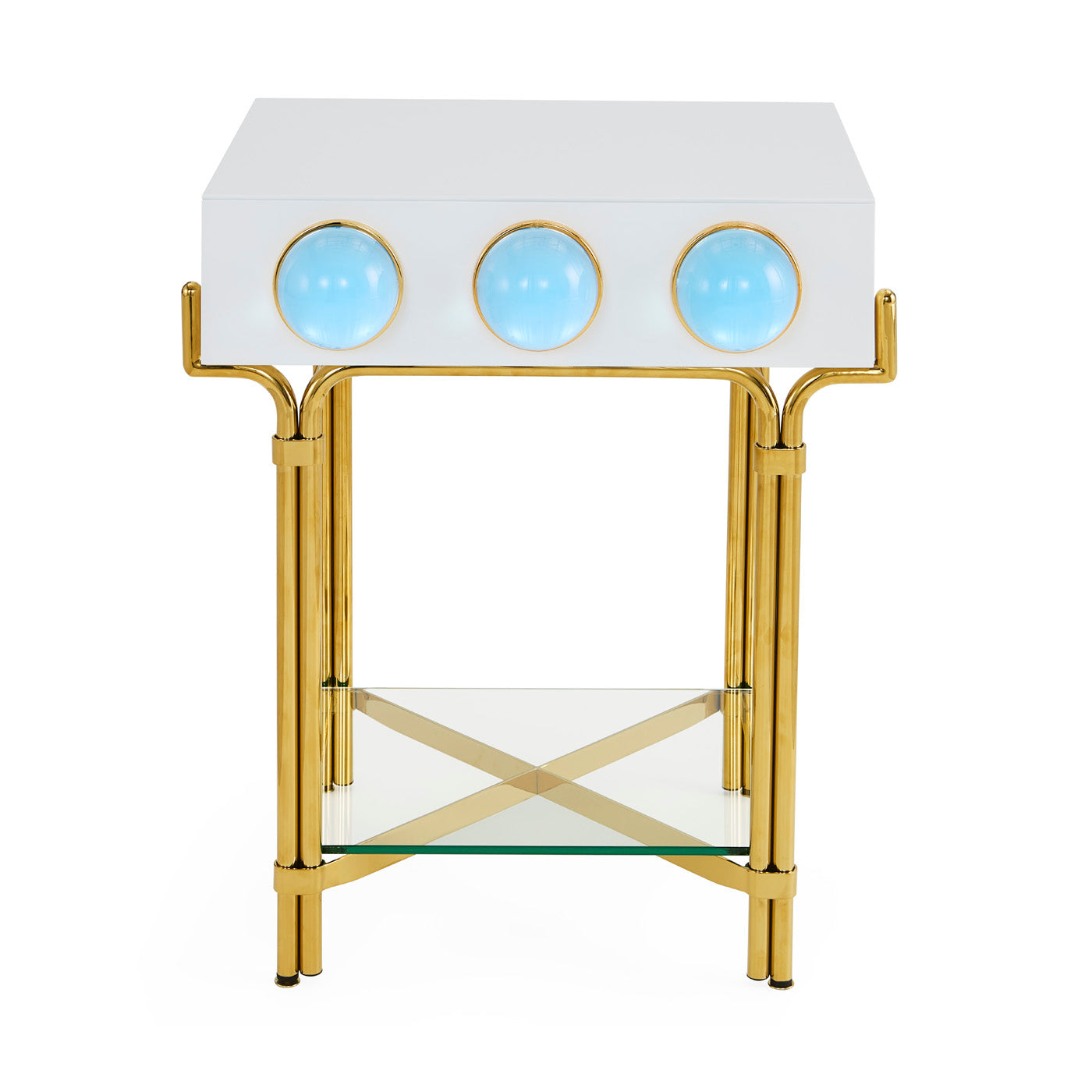 Decorative side table with gold frame, white top, and blue circular accents on a white background