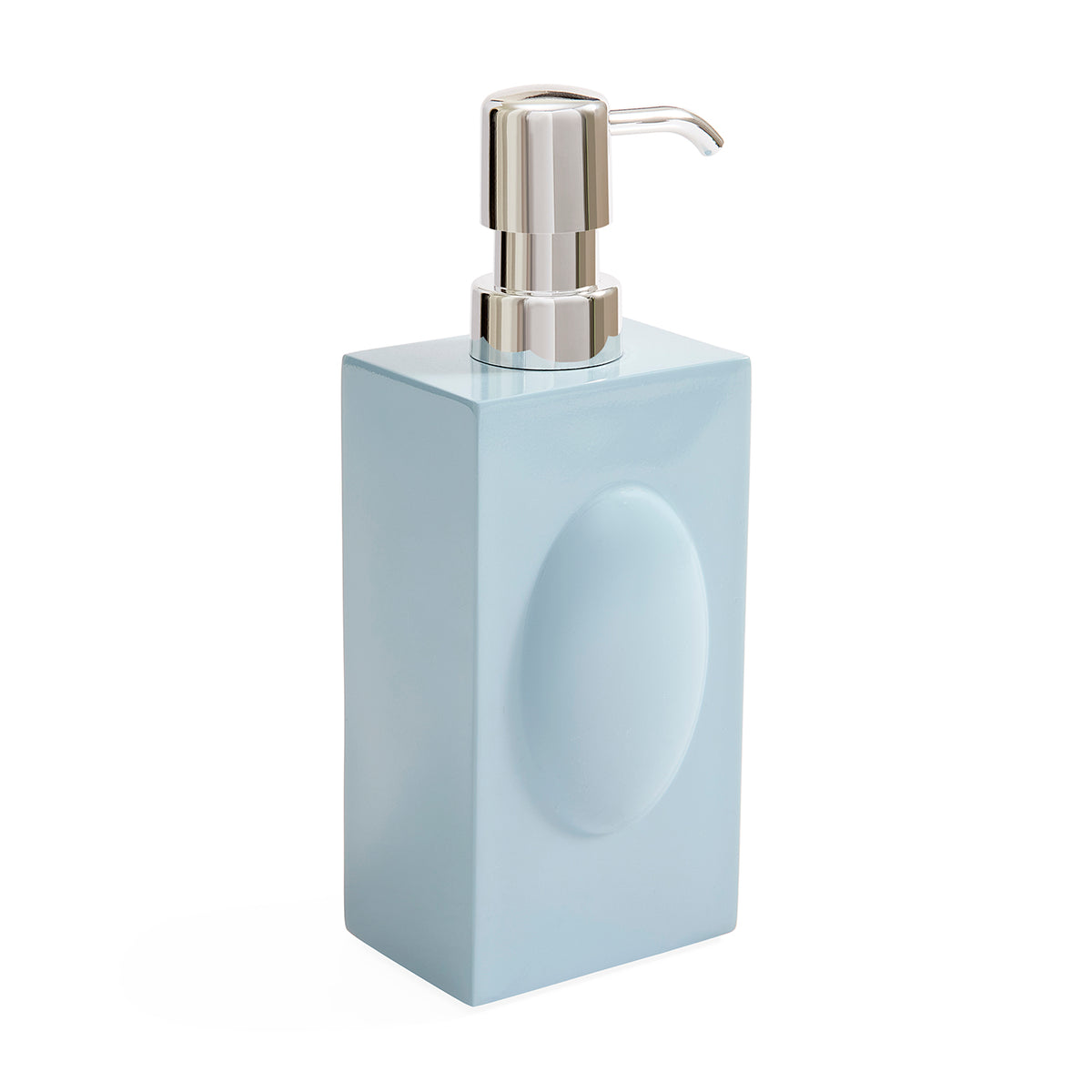 blue body soap dispenser with chrome handle