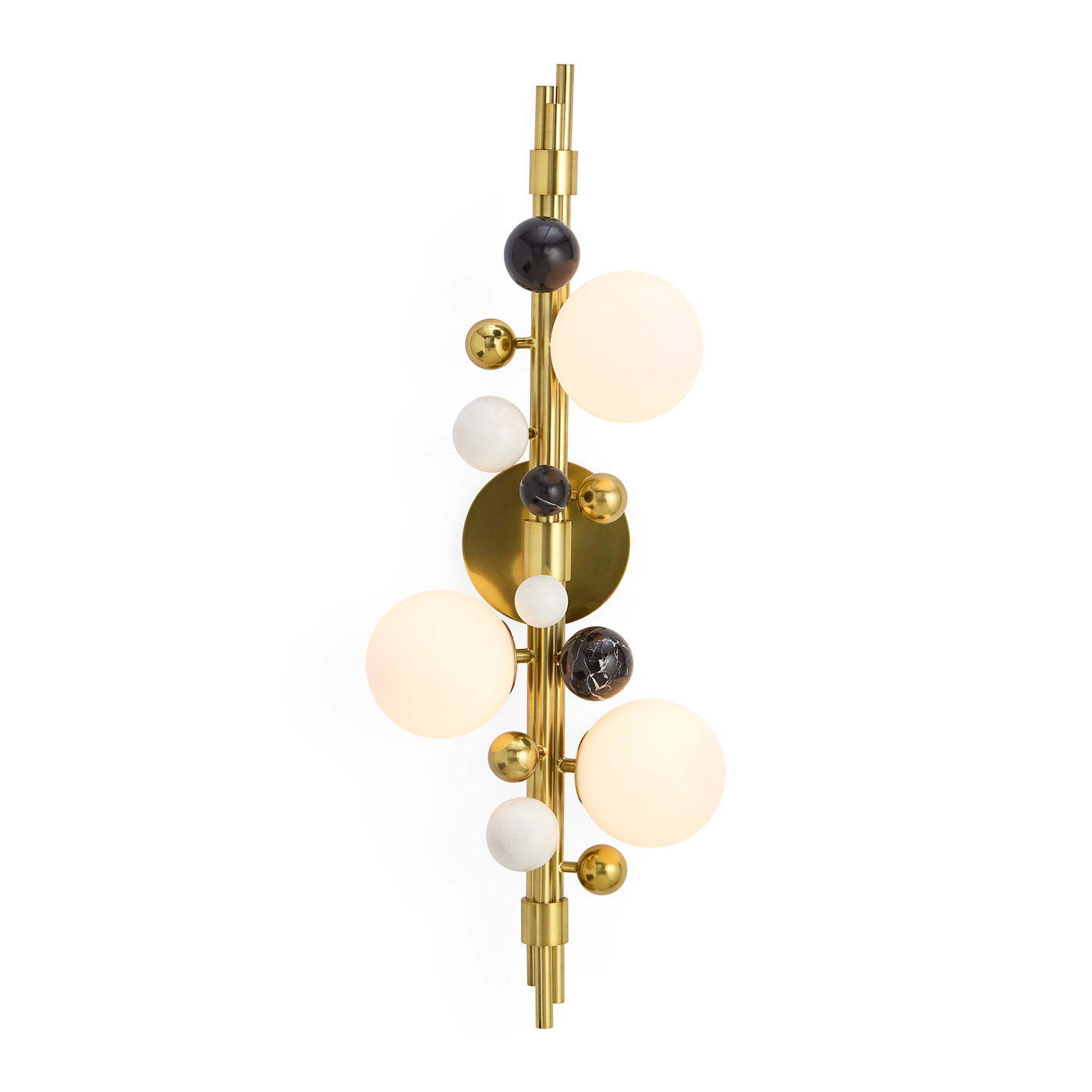 Modern wall sconce with gold fixture and glass globe shades on a white background