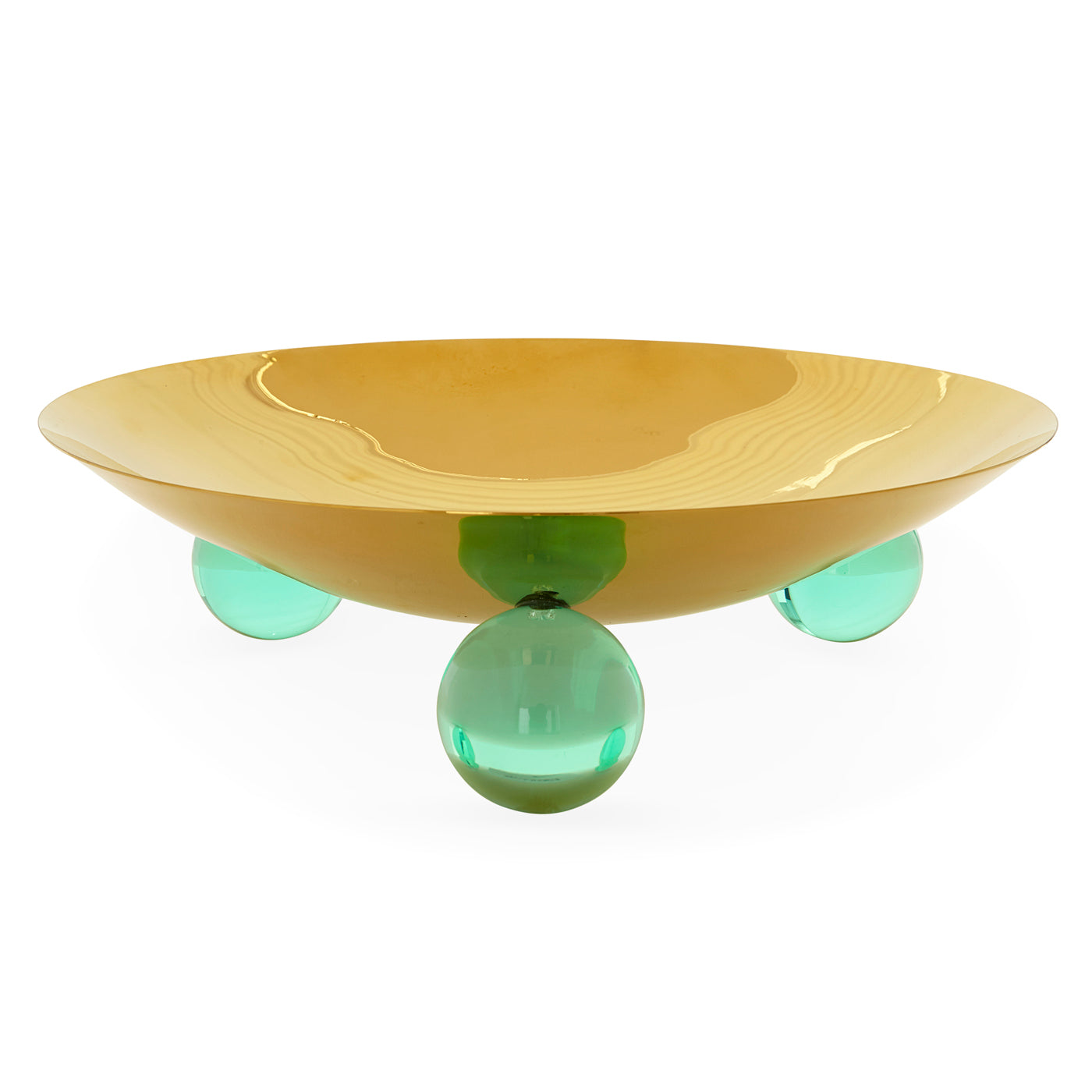 globo tripod bowl brass acrylic green orb feet - front view