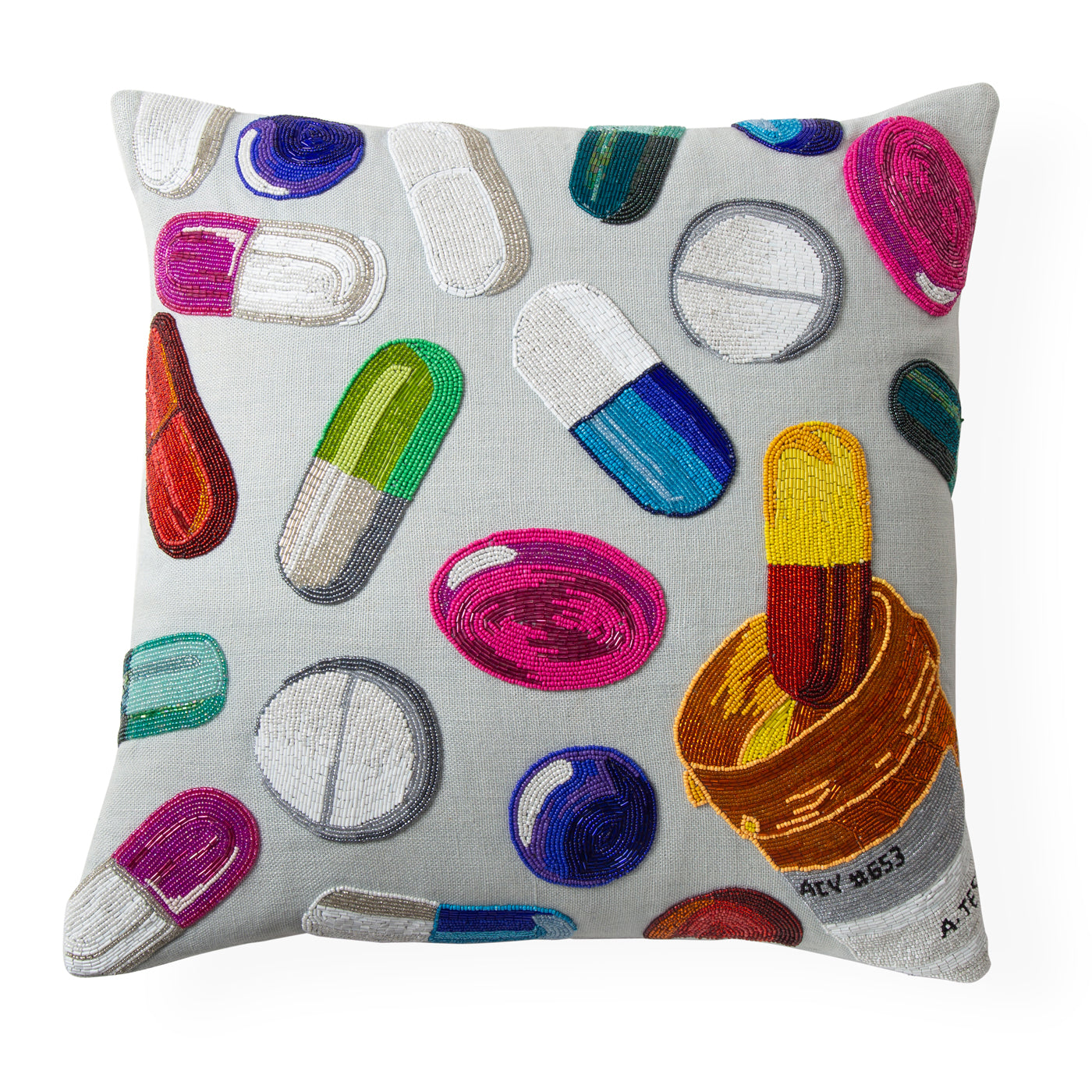 happy pills beaded pillow multicolor glass beads on linen - front view