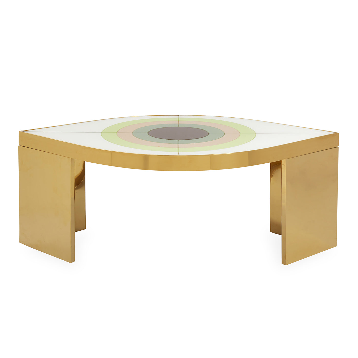 harlequin eye cocktail table back-painted glass brass frame - front view