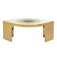 harlequin eye cocktail table back-painted glass brass frame - front view