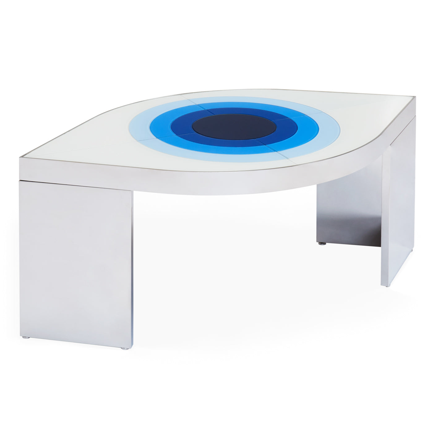 harlequin eye cocktail table multi blue back-painted glass brass frame - angle view