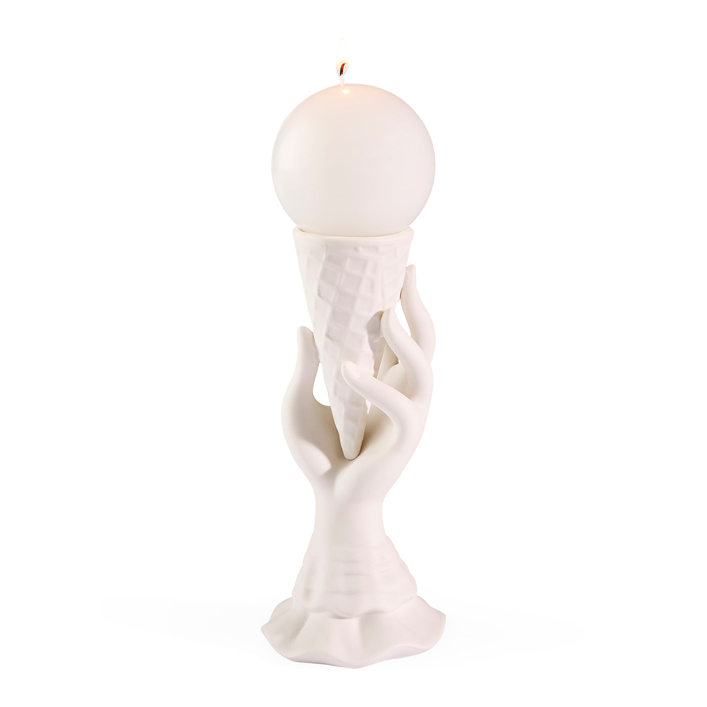 White candle holder with a spherical candle on a white background