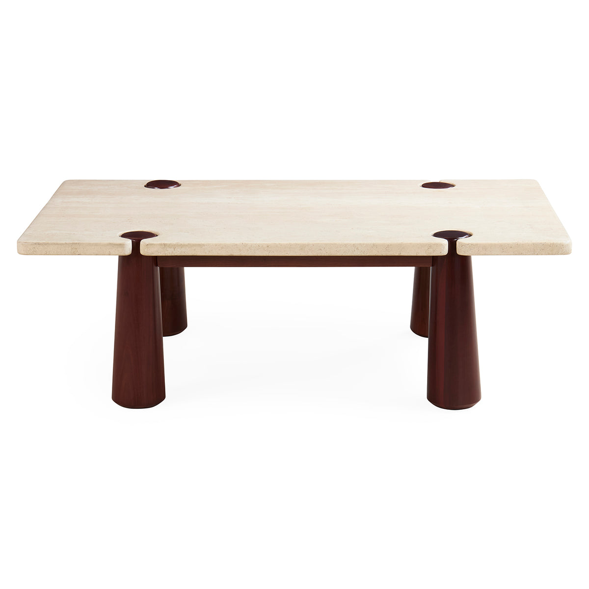 A modern rectangular coffee table with a light beige stone top and dark reddish-brown tapered legs, shown on a plain white background.