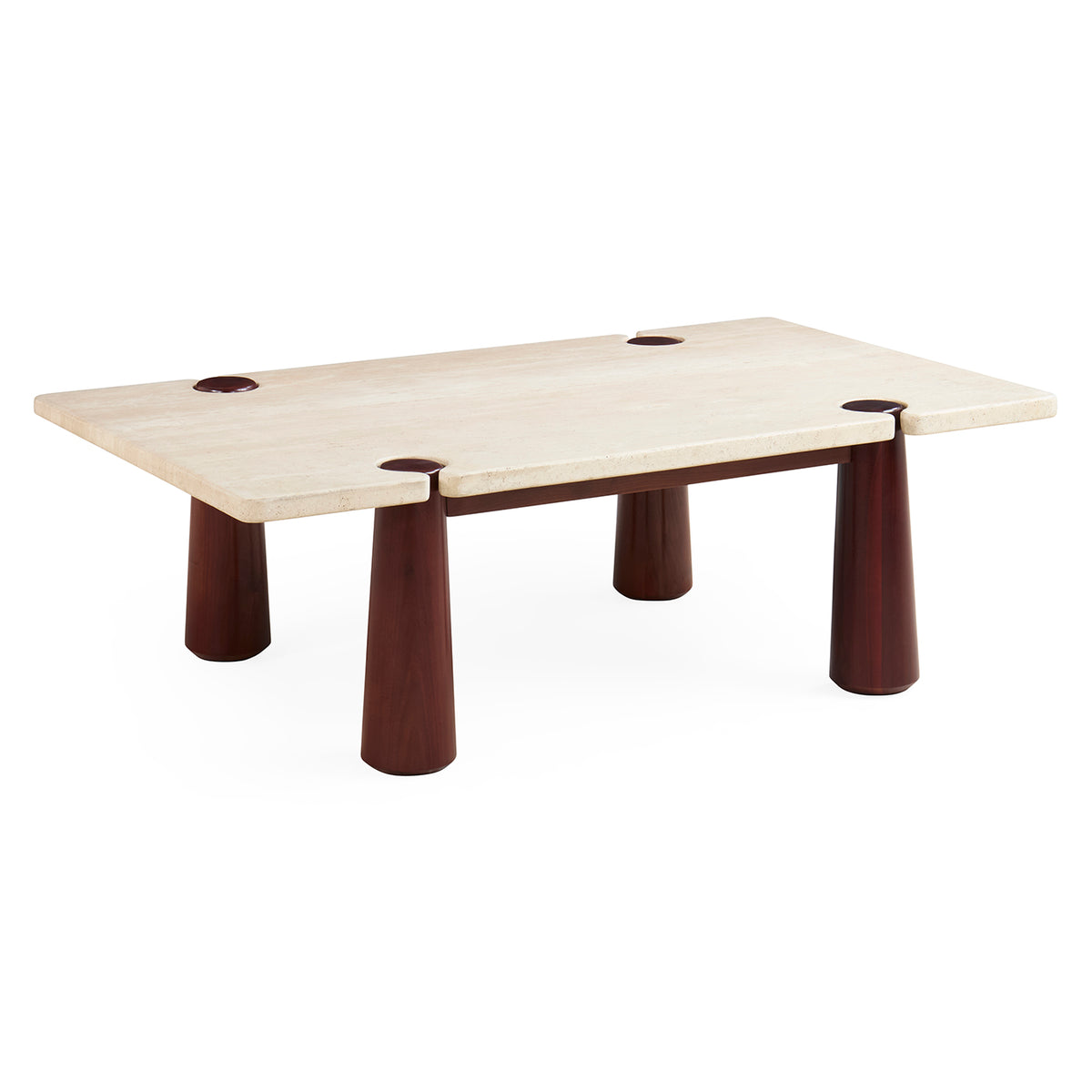 A low rectangular wooden table with a light natural wood top and four dark reddish-brown cylindrical legs, shown on a plain white background.