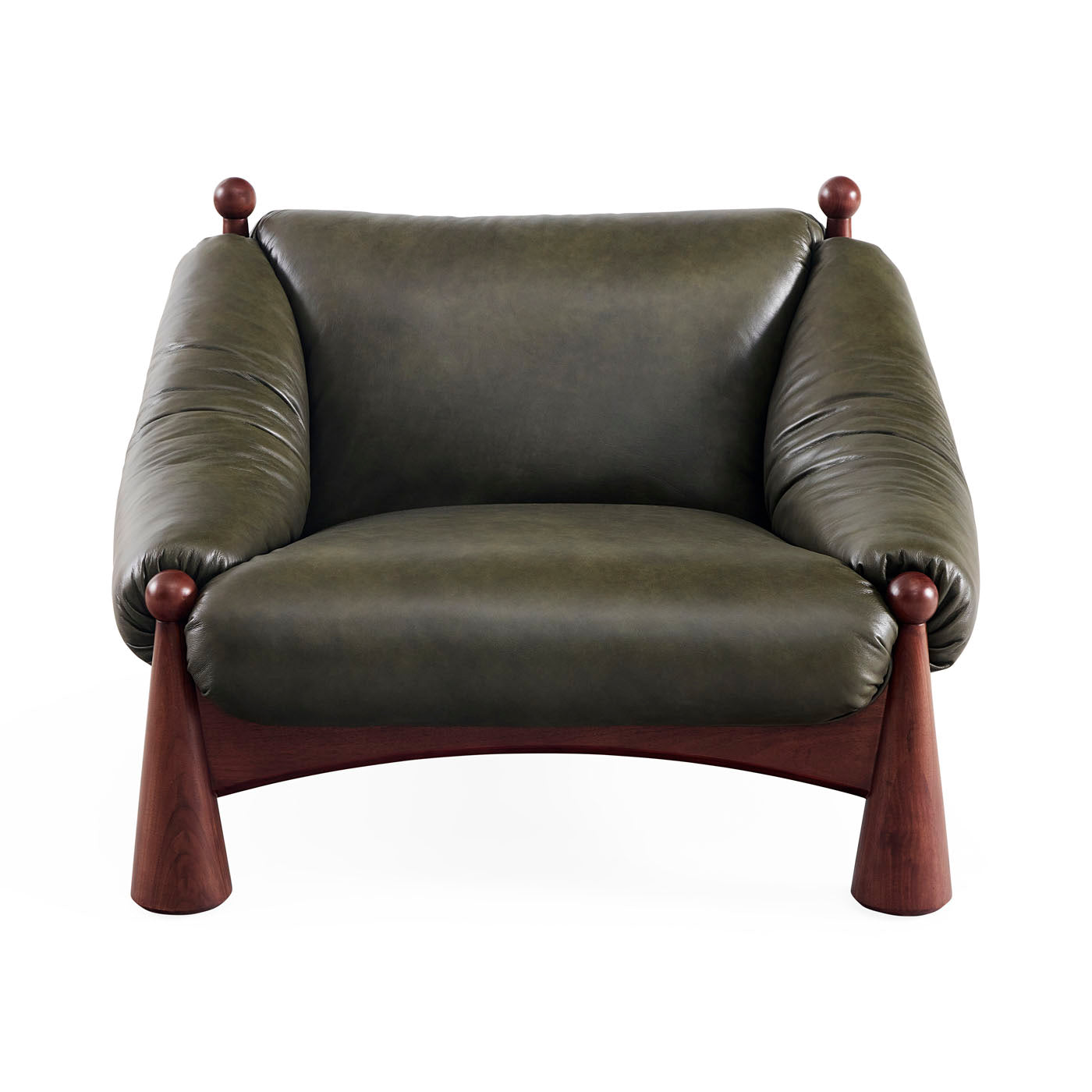 Green leather armchair with wooden legs on a white background
