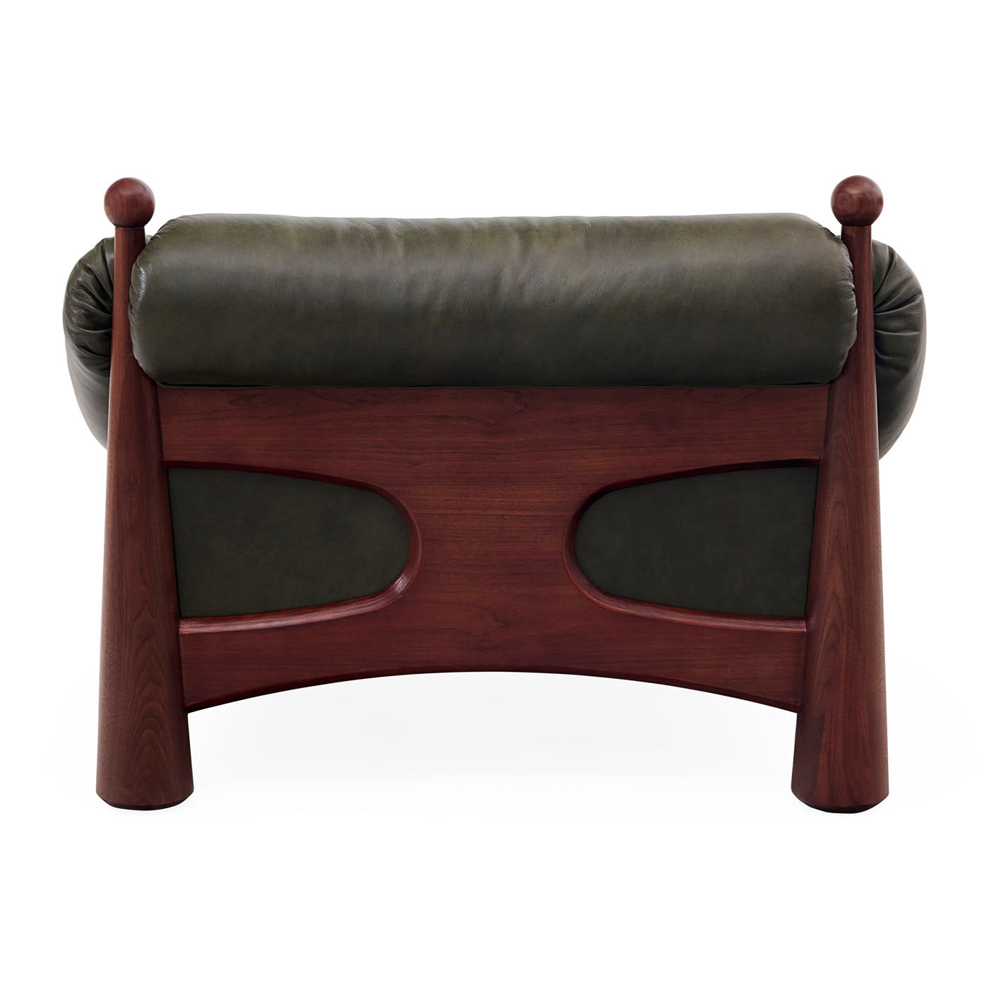Brown wooden bench with green cushion on a white background
