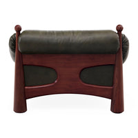Brown wooden bench with green cushion on a white background