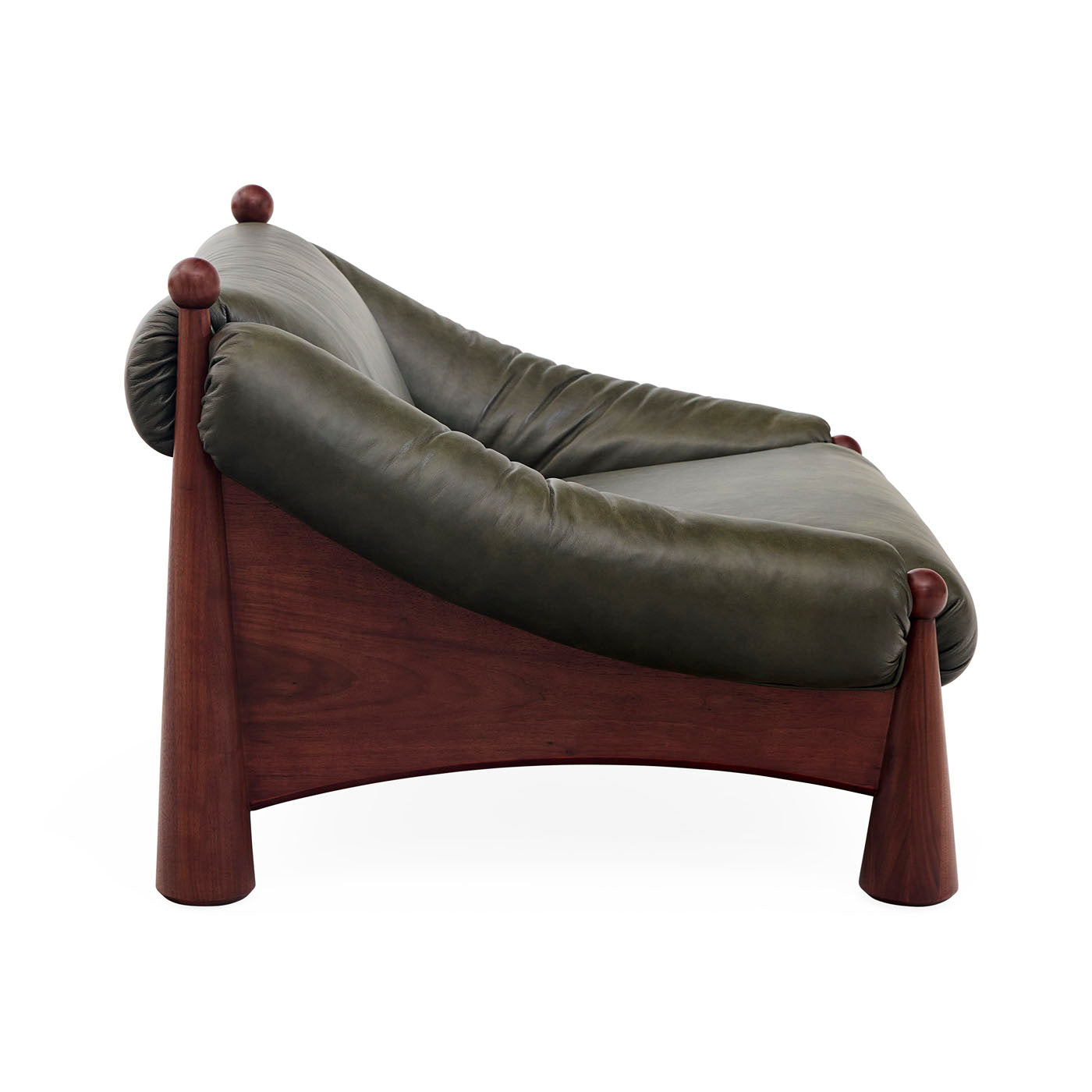 Modern lounge chair with green cushion and wooden frame on a white background