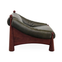Modern lounge chair with green cushion and wooden frame on a white background