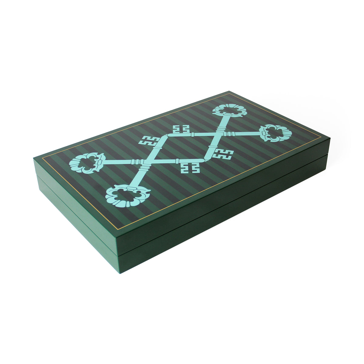 A rectangular dark green presentation box with a lid, featuring a light teal Celtic knot design and the number '55' printed on the lid, set against a plain white background.