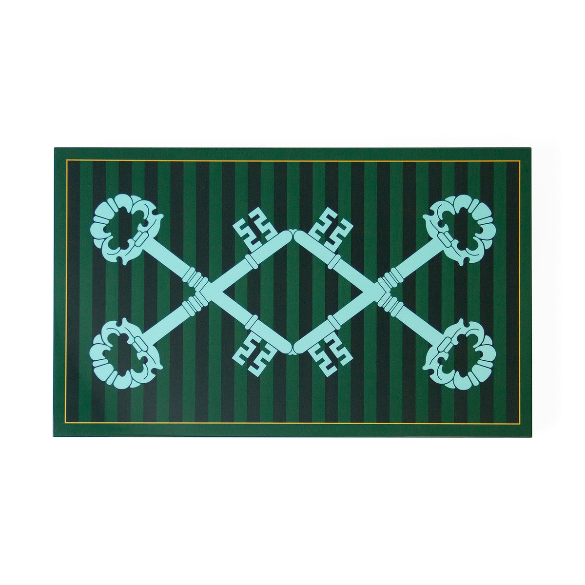 A rectangular green mat or rug featuring a dark green and forest green vertical striped pattern, bordered by a thin gold line. In the center is a large mint-green decorative key motif that crosses over itself, with four matching key handles arranged around it.