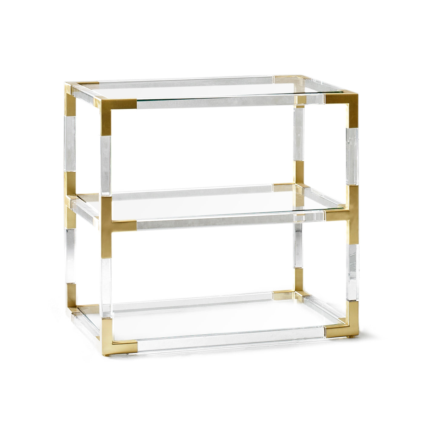 jacques two-tier side table glass shelves brass clear acrylic frame - angle view