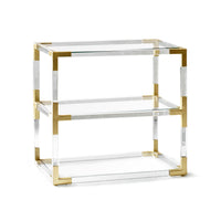 jacques two-tier side table glass shelves brass clear acrylic frame - angle view