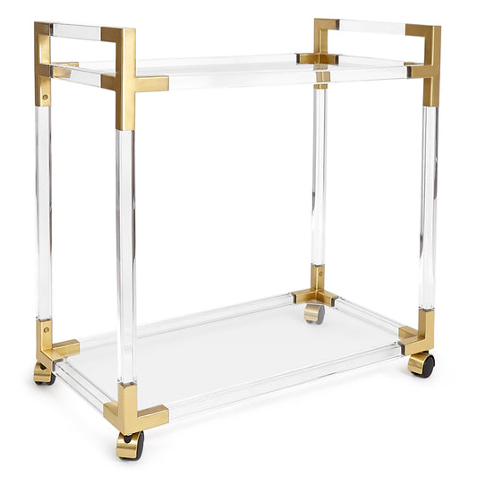 jacques bar cart glass shelves brass clear acrylic frame - angle view
