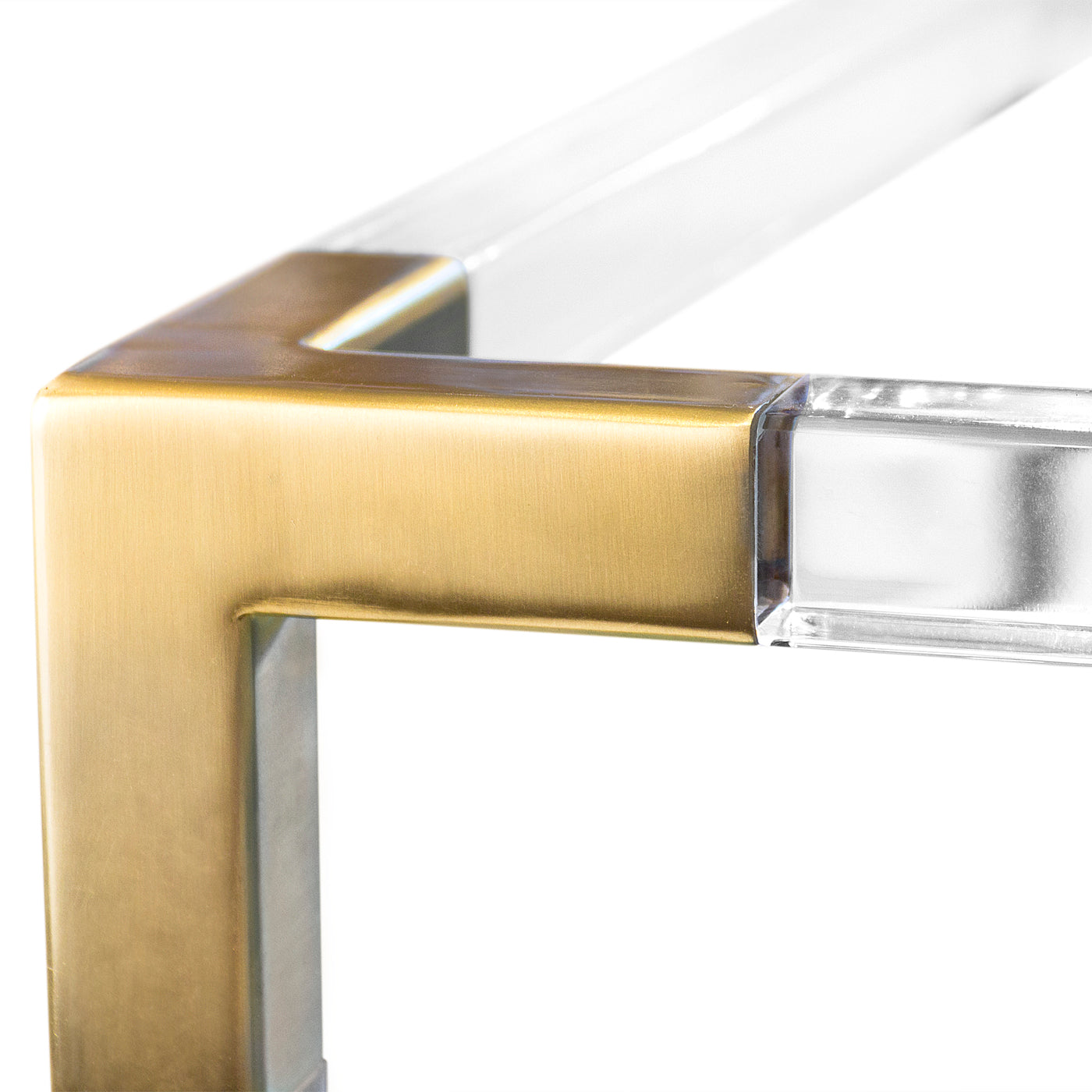 jacques two-tier side table glass shelves brass clear acrylic frame - detail view