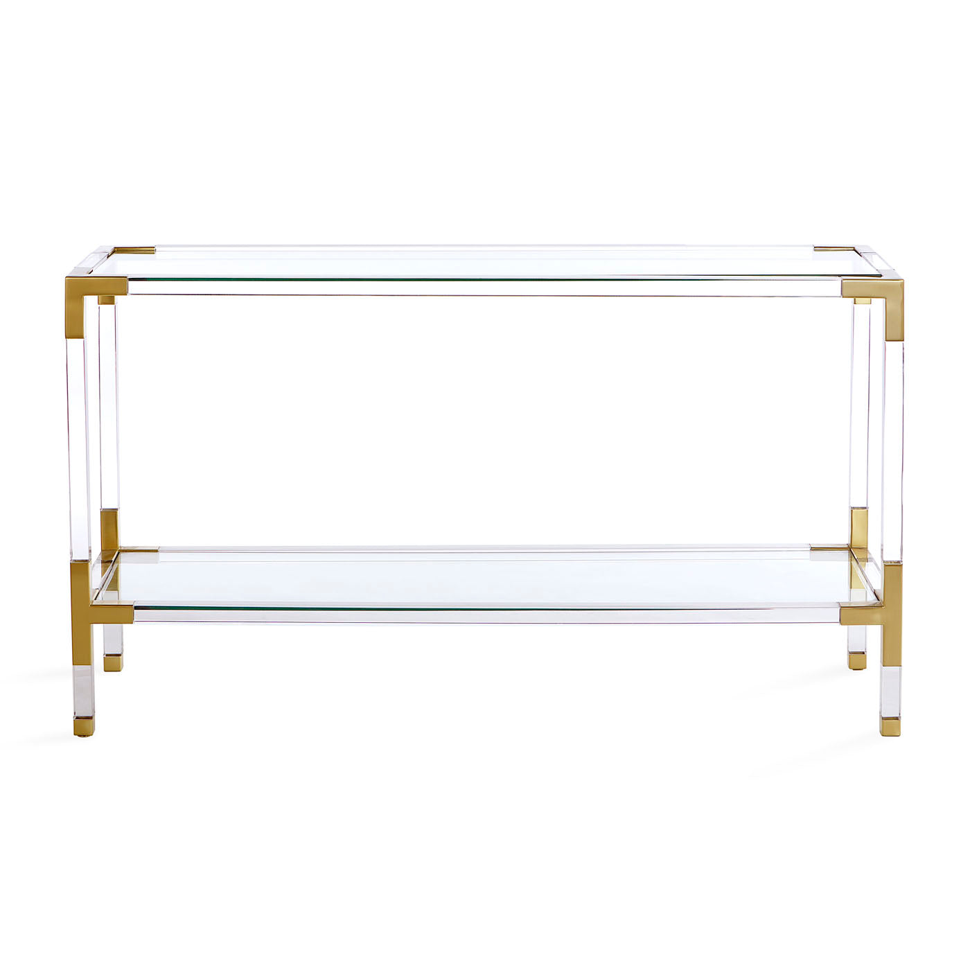 jacques console glass shelf brass acrylic frame - side view