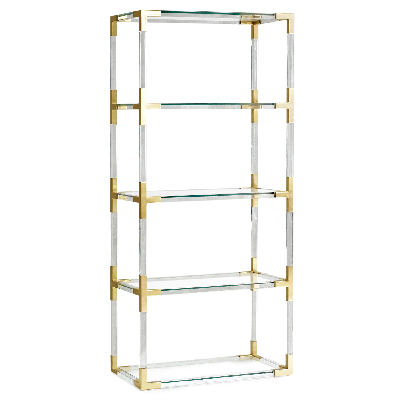 jacques etagere glass shelves acrylic brass frame - angle view