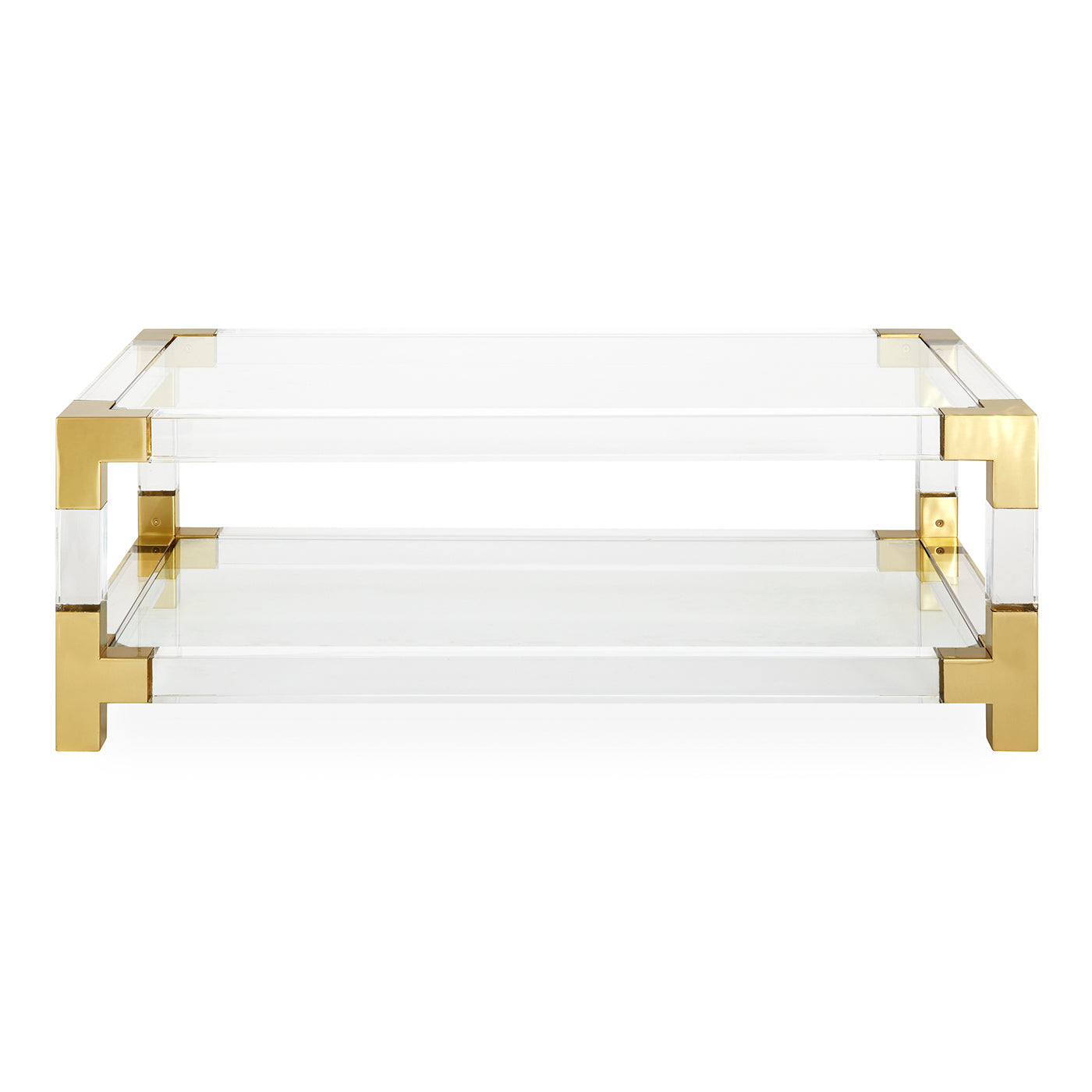jacques grand cocktail table glass top clear acrylic brass frame - front view