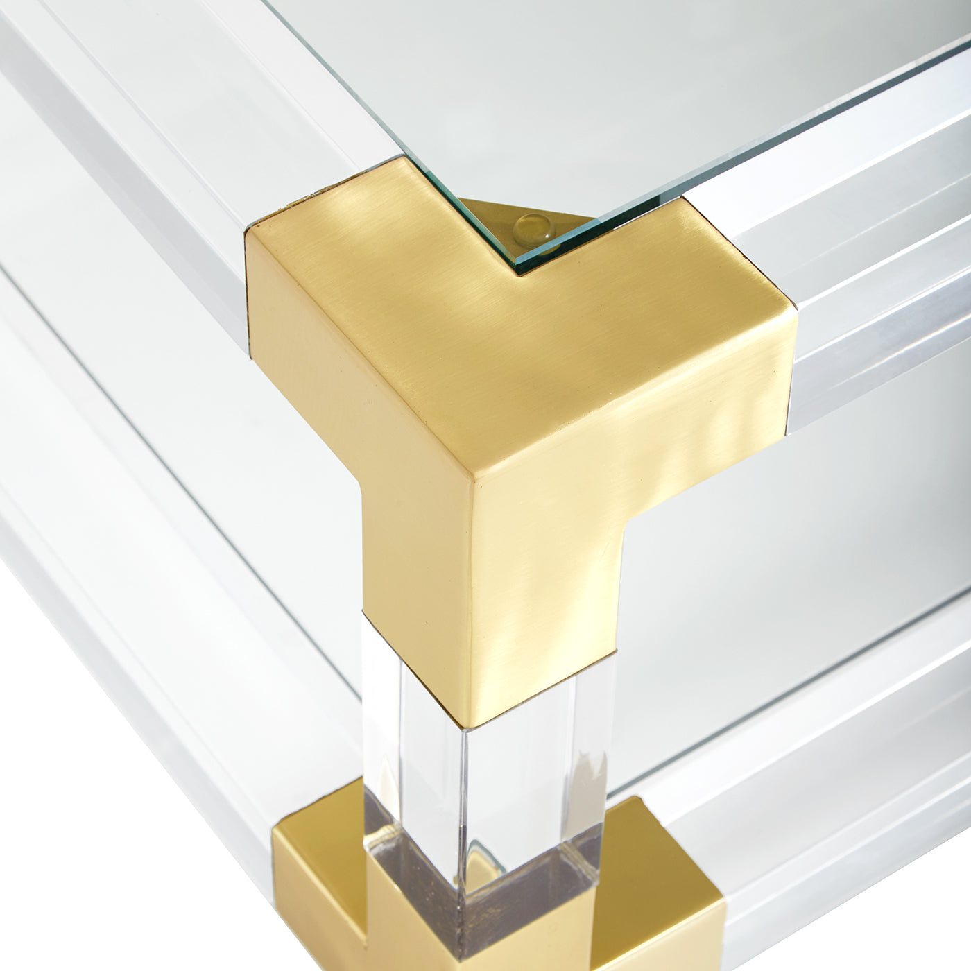 jacques grand cocktail table glass top clear acrylic brass frame - detail view