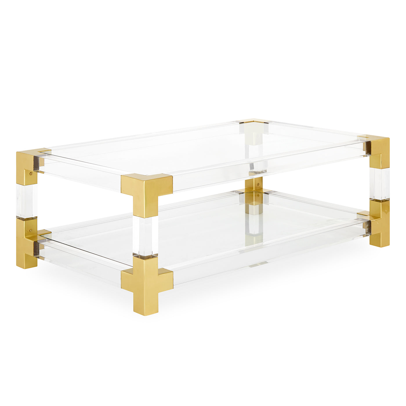 jacques grand cocktail table glass top clear acrylic brass frame - angle view