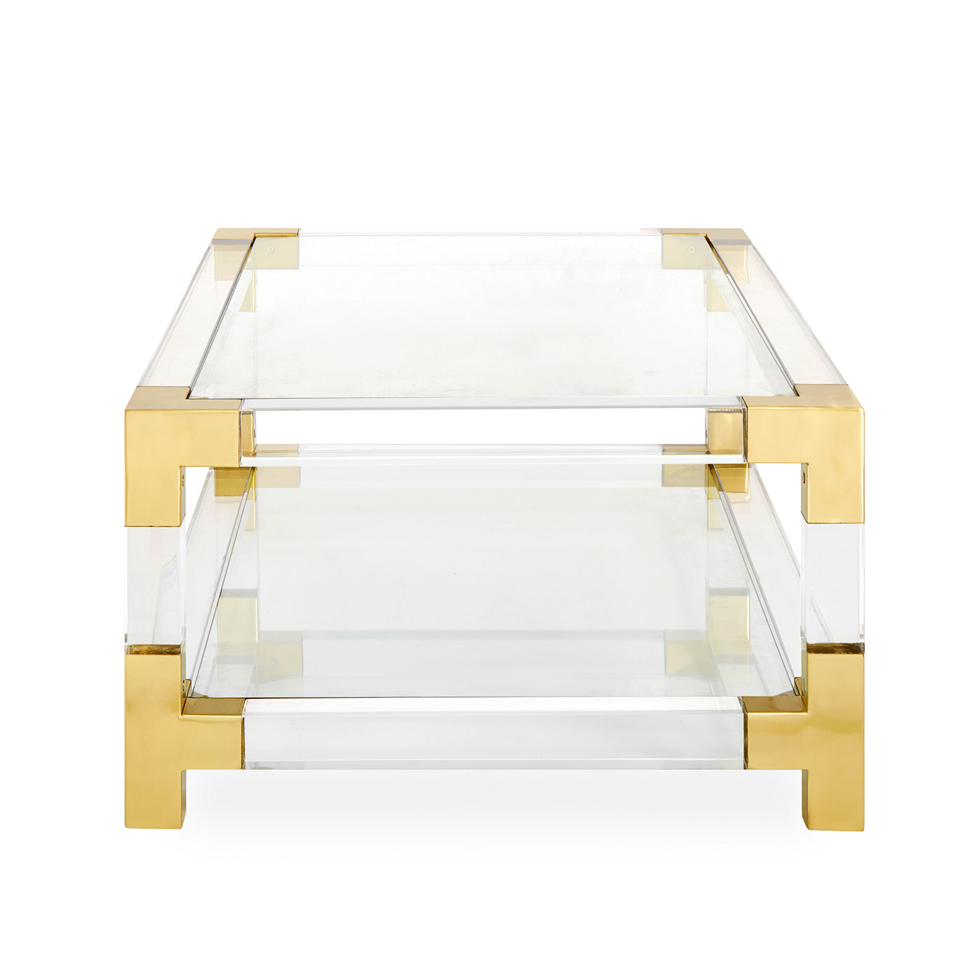 jacques grand cocktail table glass top clear acrylic brass frame - side view