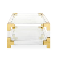 jacques grand cocktail table glass top clear acrylic brass frame - side view